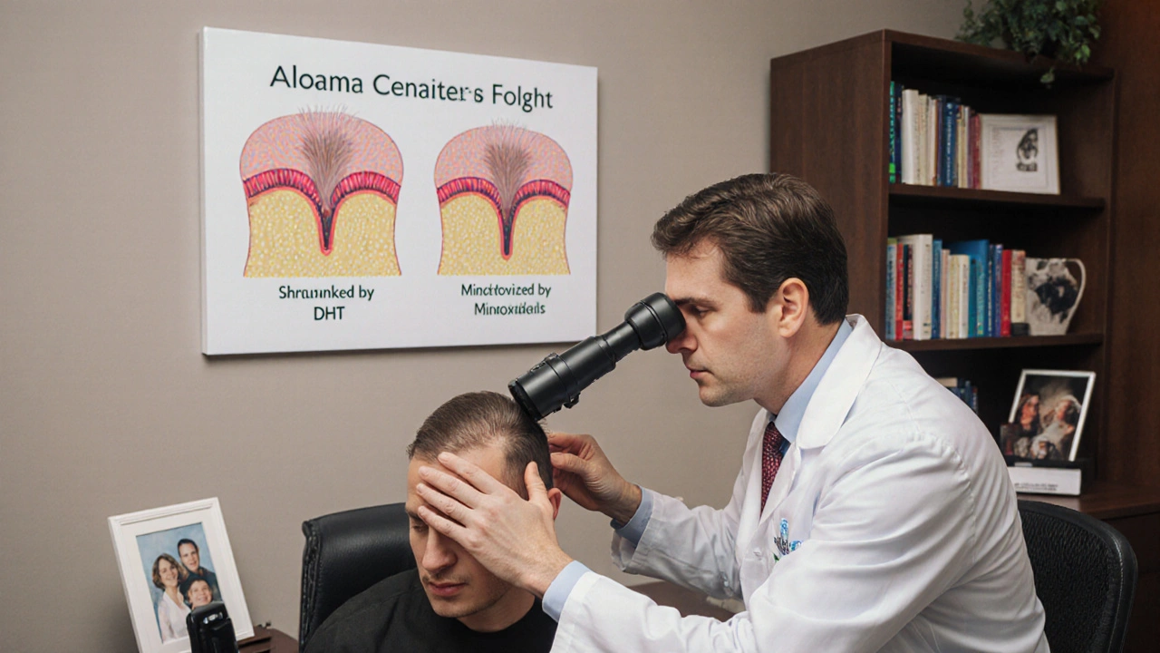 A dermatologist examining a patient&#039;s scalp with illustrated follicle comparisons on the wall.
