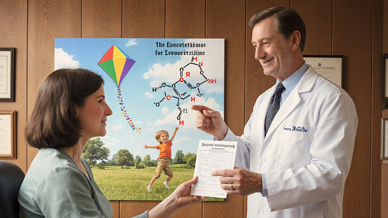 A doctor handing a prescription while pointing to a molecular diagram poster, with a child playing outside in the background.