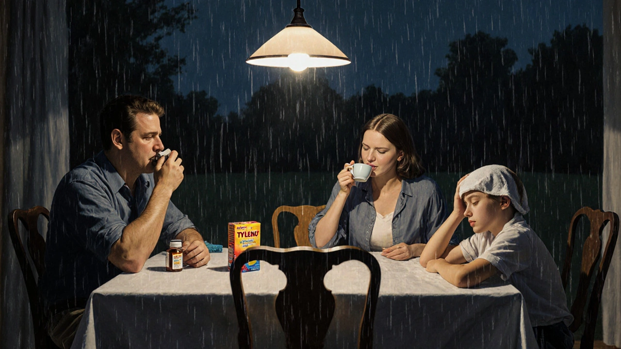 A family manages different pains together at the dinner table during a storm.