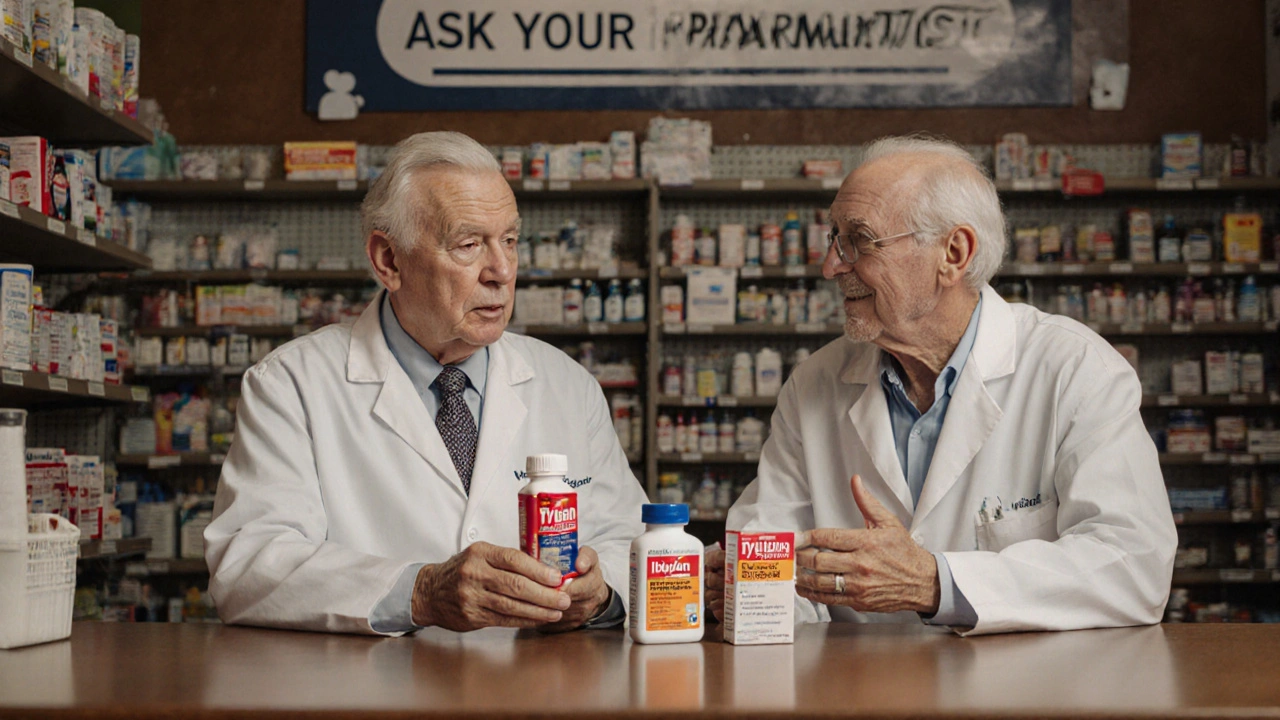 A pharmacist explains pain relief options to an elderly man at a small-town drugstore.