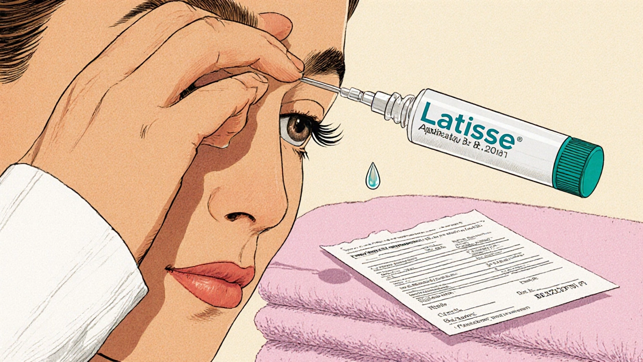 Close-up of a hand applying a Latisse drop to upper eyelashes with a prescription note nearby.
