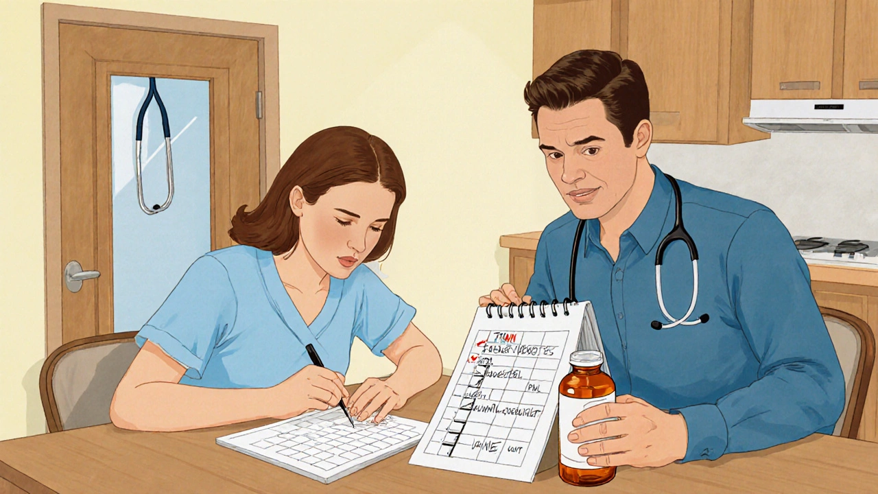Couple reviewing a fertility checklist, marking the last pill day on a calendar, with a doctor’s office visible.