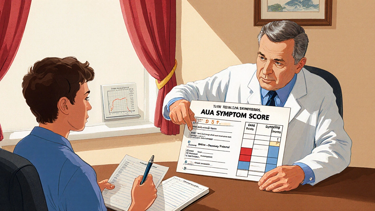 Doctor and patient reviewing symptom score chart and flow graph in a cozy office.