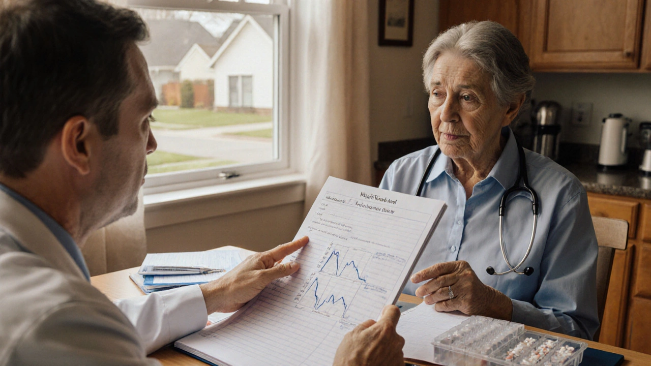 Doctor and patient reviewing weight log at kitchen table, discussing fluid retention