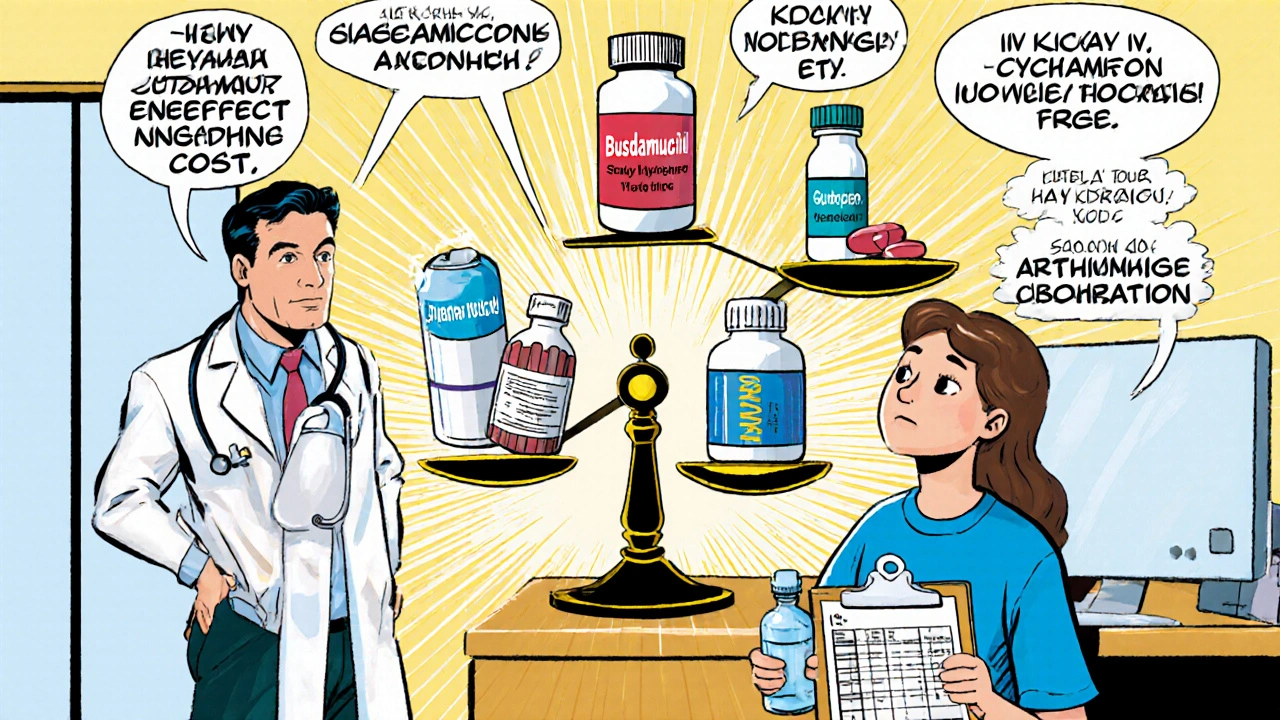 Doctor and patient weigh drug options on a comic‑style scale with tips.