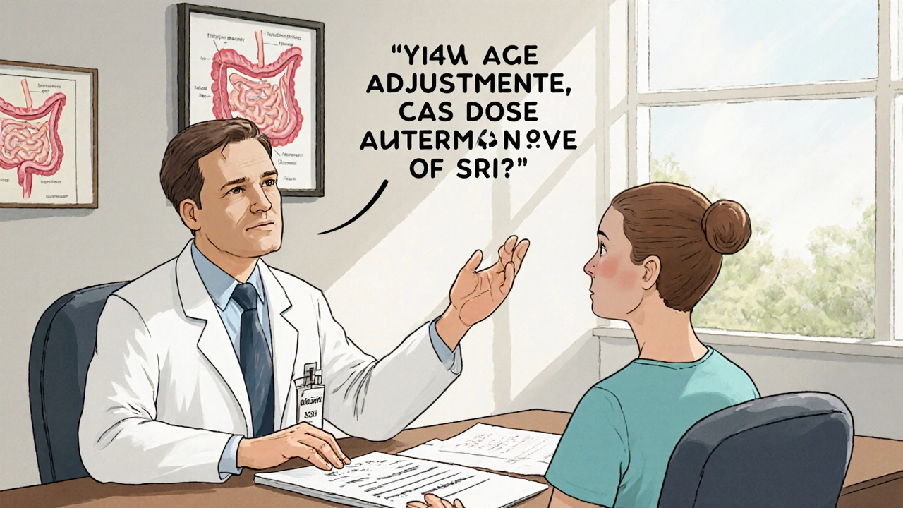 Doctor reassuring patient about medication dose in a cozy office.