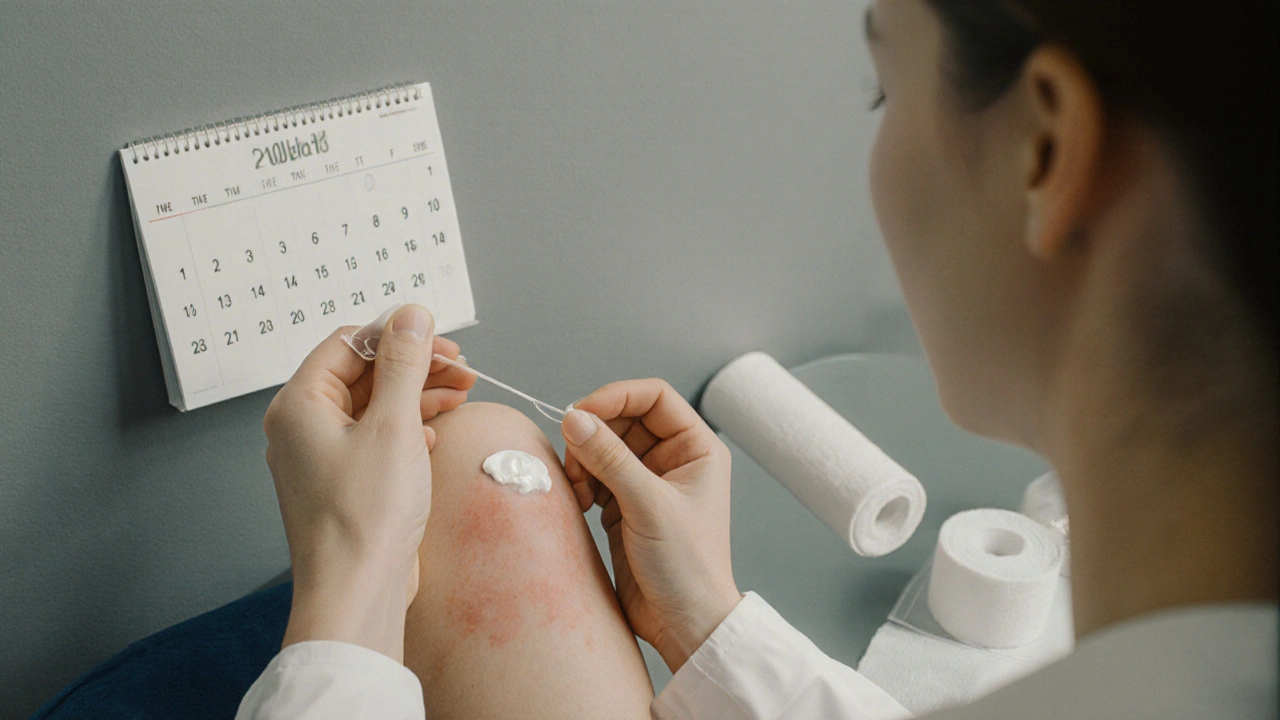 Doctor uses fingertip guide to apply thin cream layer on patient’s leg, with calendar showing two weeks.