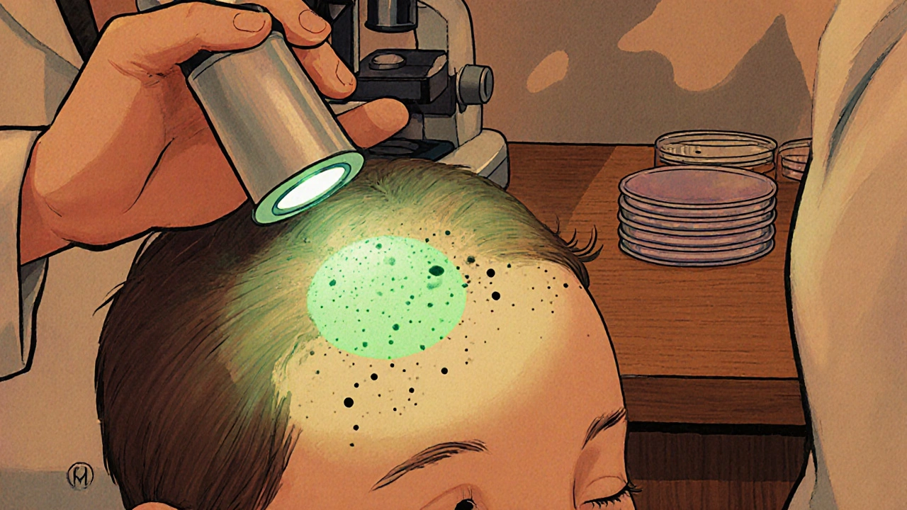 Doctor using a Wood's lamp on a child's scalp showing green fluorescence and hair loss.