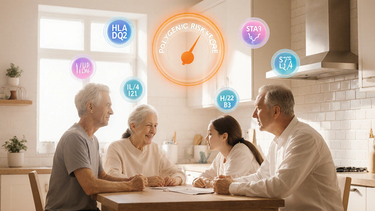 Family surrounded by floating gene symbols and a glowing polygenic risk score gauge.