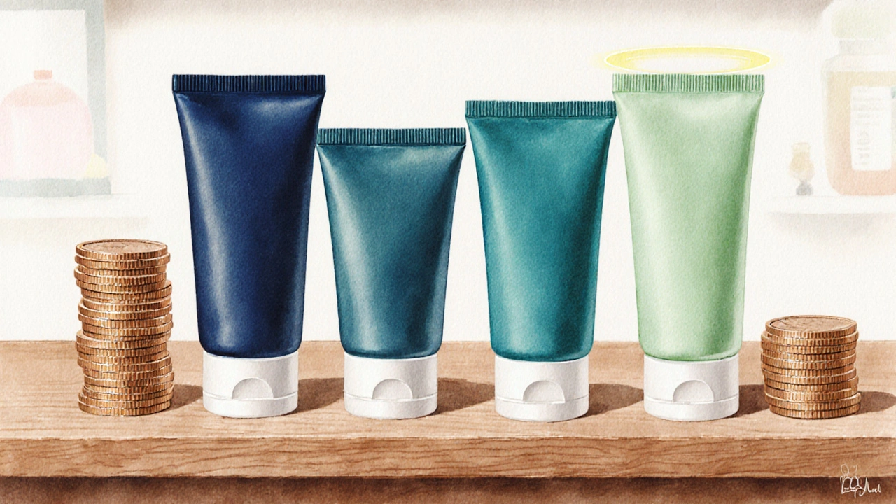 Five topical steroid tubes of varying colors displayed on a counter with coins and subtle risk indicators.