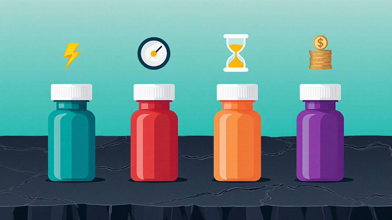 Four different erectile‑dysfunction pills arranged with icons for onset, duration, and cost.