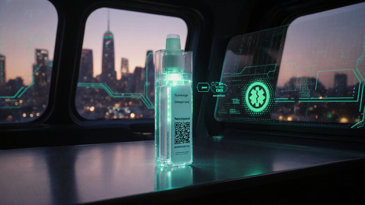 Futuristic glowing naloxone smart kit with QR code on a table, connected to digital EMS alerts in a city setting.