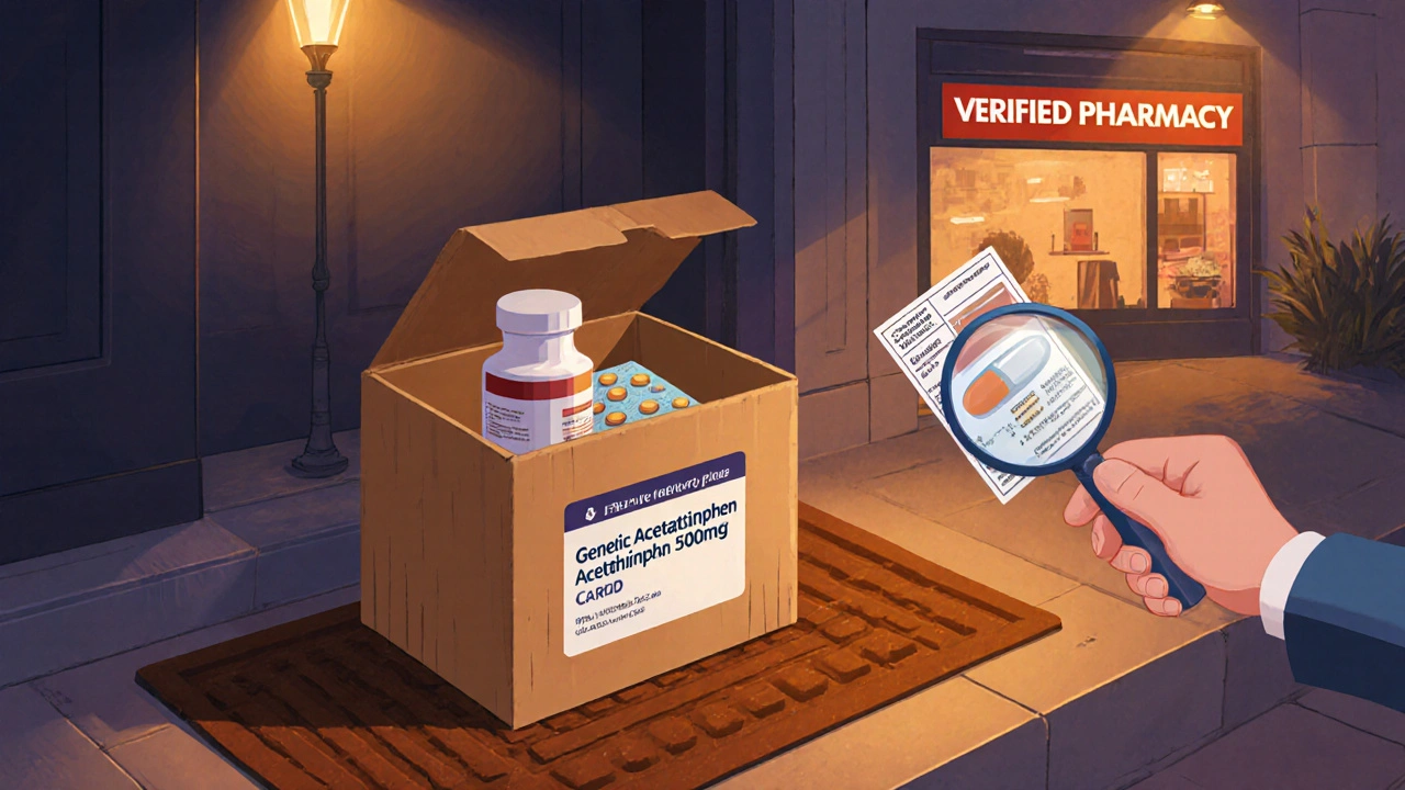 Hand opening a delivery box of generic pills, using a magnifying glass to inspect imprint.