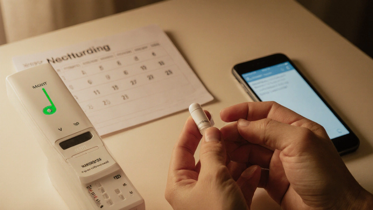 Hands holding warfarin tablet next to INR tester and calendar reminder.
