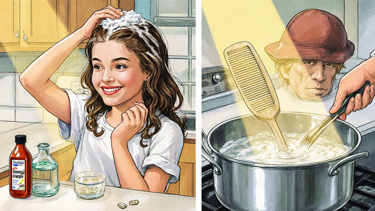 Happy teen washing hair with antifungal shampoo while family disinfectes grooming items.