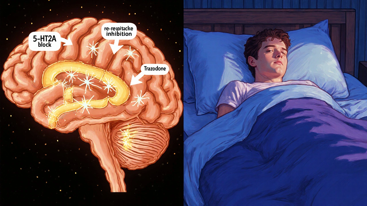 Illustration of serotonin activity in the brain and a patient sleeping peacefully.