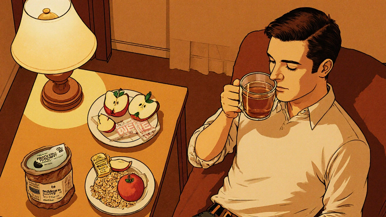 Individual sipping ginger tea with yogurt and healthy snacks on a table.