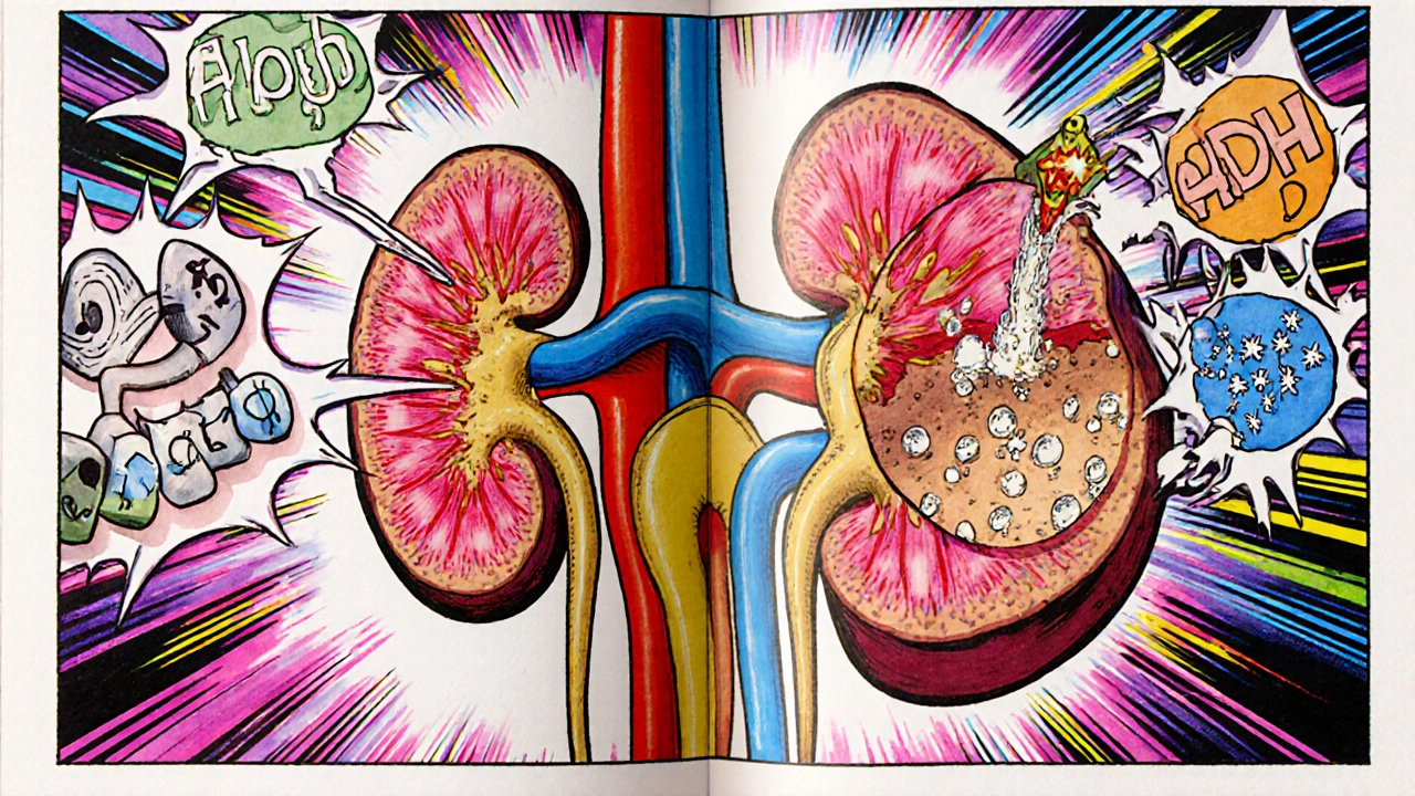 Kidney receiving hormone streams from adrenal and pituitary glands.