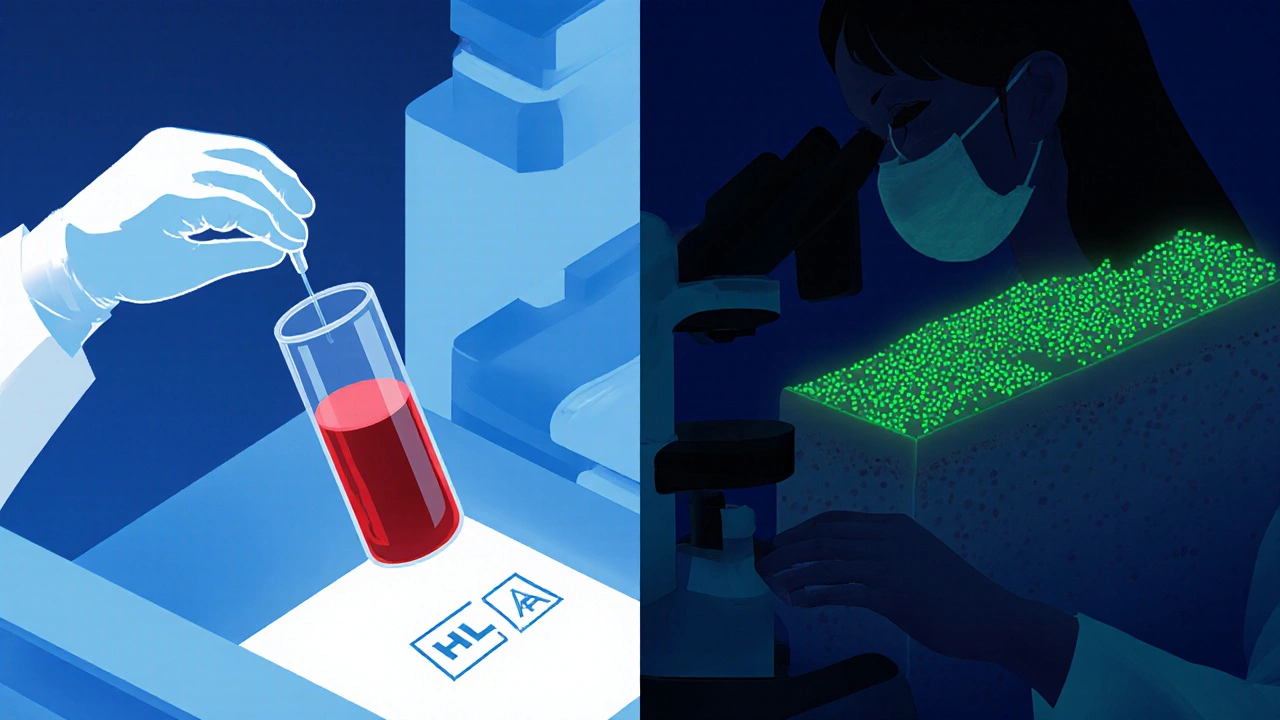 Lab scene showing blood sample for HLA test and fluorescent skin biopsy with IgA deposits.