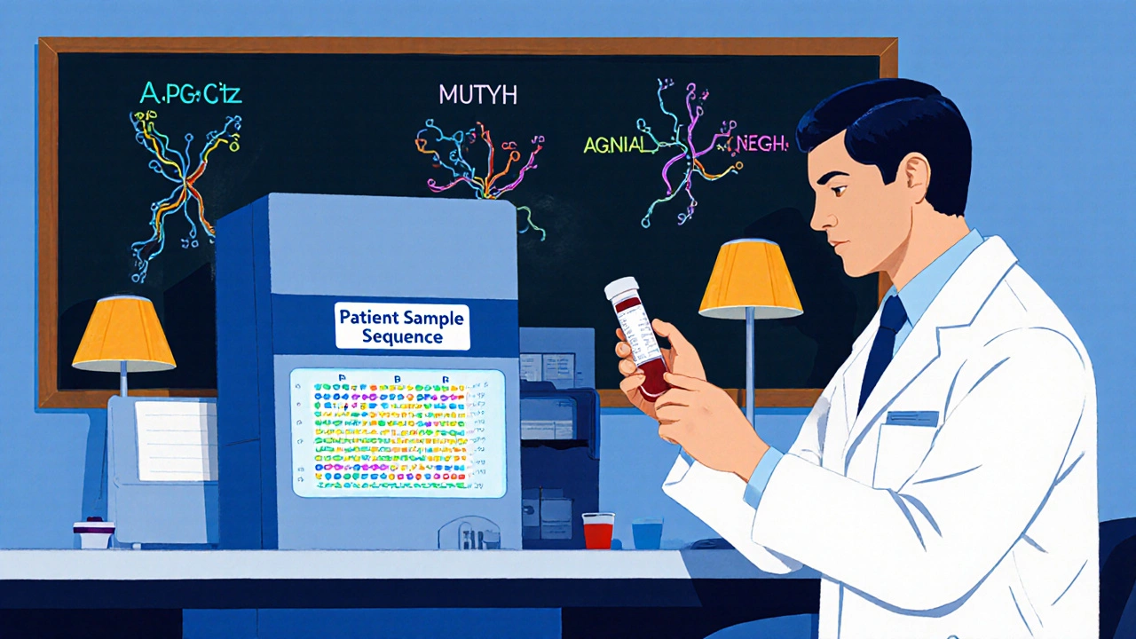 Lab technician processing a blood sample and reviewing DNA sequencing data.