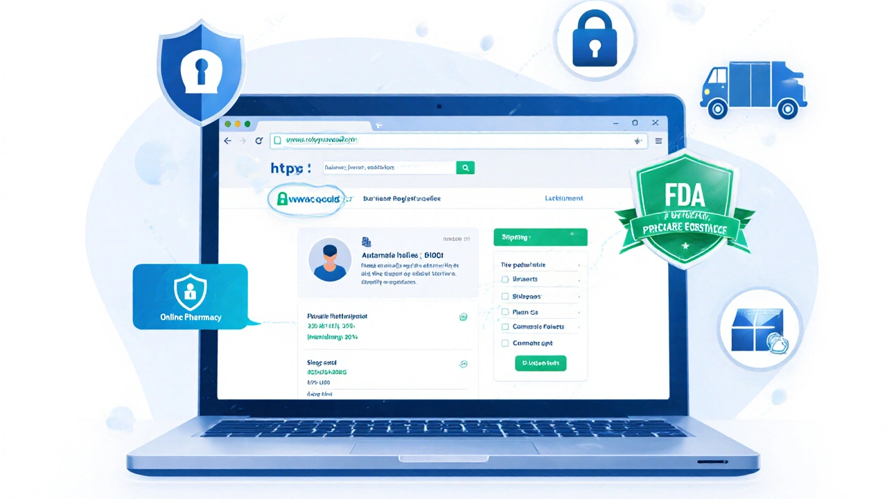 Laptop screen showing a secure pharmacy website with padlock, pharmacist chat, and FDA badge.