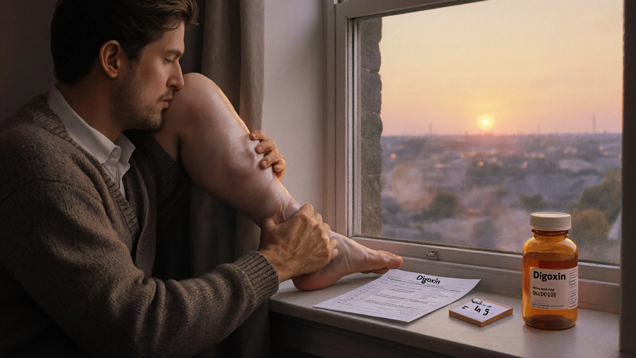 Man holding swollen ankle, looking out window, digoxin bottle and blood test on sill