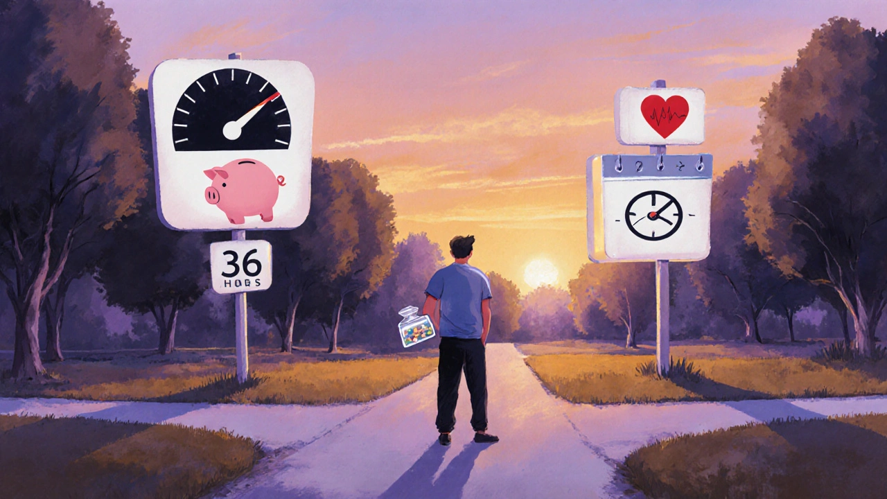 Man standing at crossroads with symbols for speed, budget, spontaneity, and health guiding his choice.