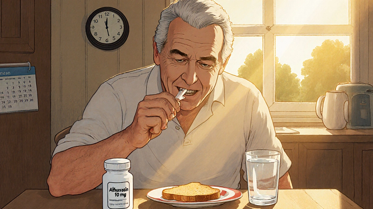 Man taking an alfuzosin tablet with water after breakfast in a sunny kitchen.