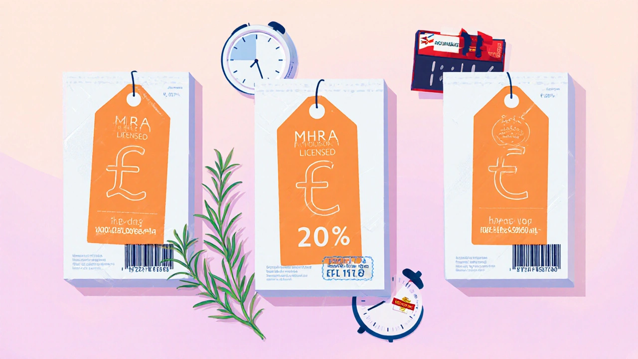 Medication boxes with price tag icons, MHRA seal, and delivery details in a flat‑lay.