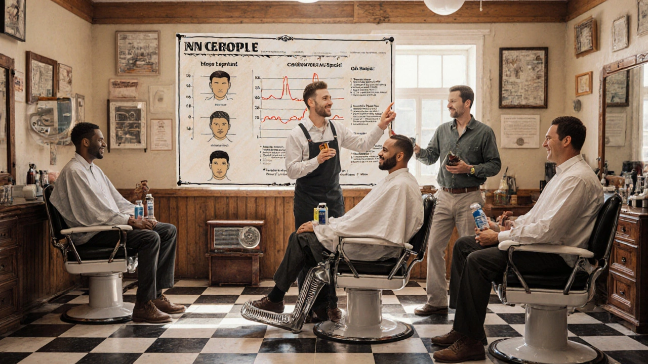 Men in a barber shop discussing hair loss solutions, surrounded by hopeful before-and-after visuals.