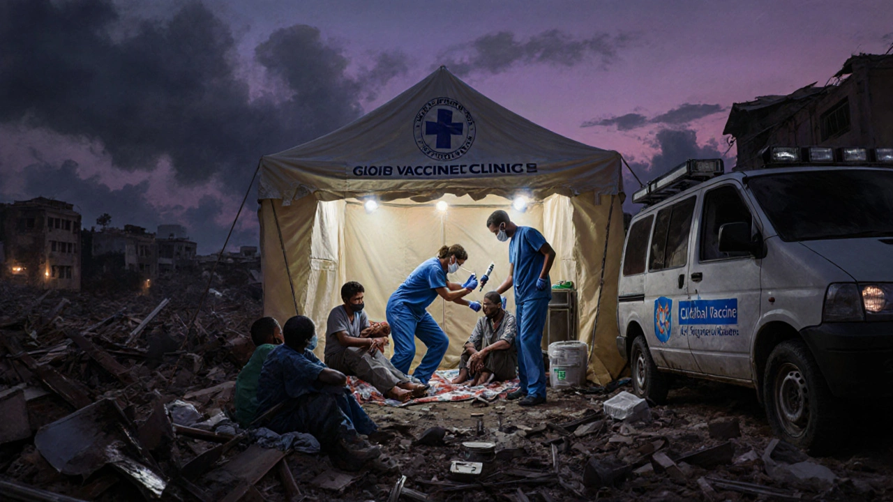 Mobile clinic team providing tetanus boosters amid Haiti earthquake debris.