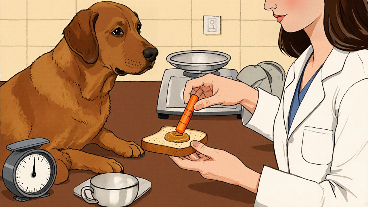 Owner hides a tablet in peanut butter and feeds it to a Labrador in a kitchen.