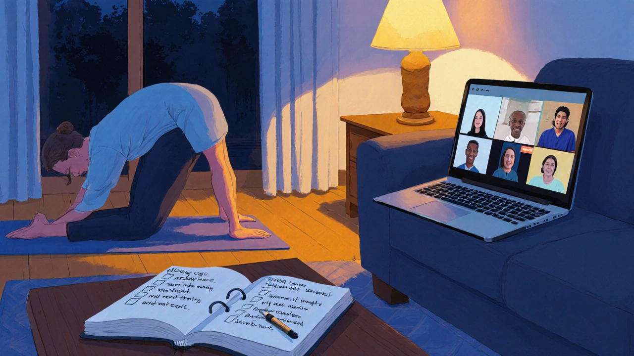 Patient does gentle yoga, writes in journal, and chats with support group at night.