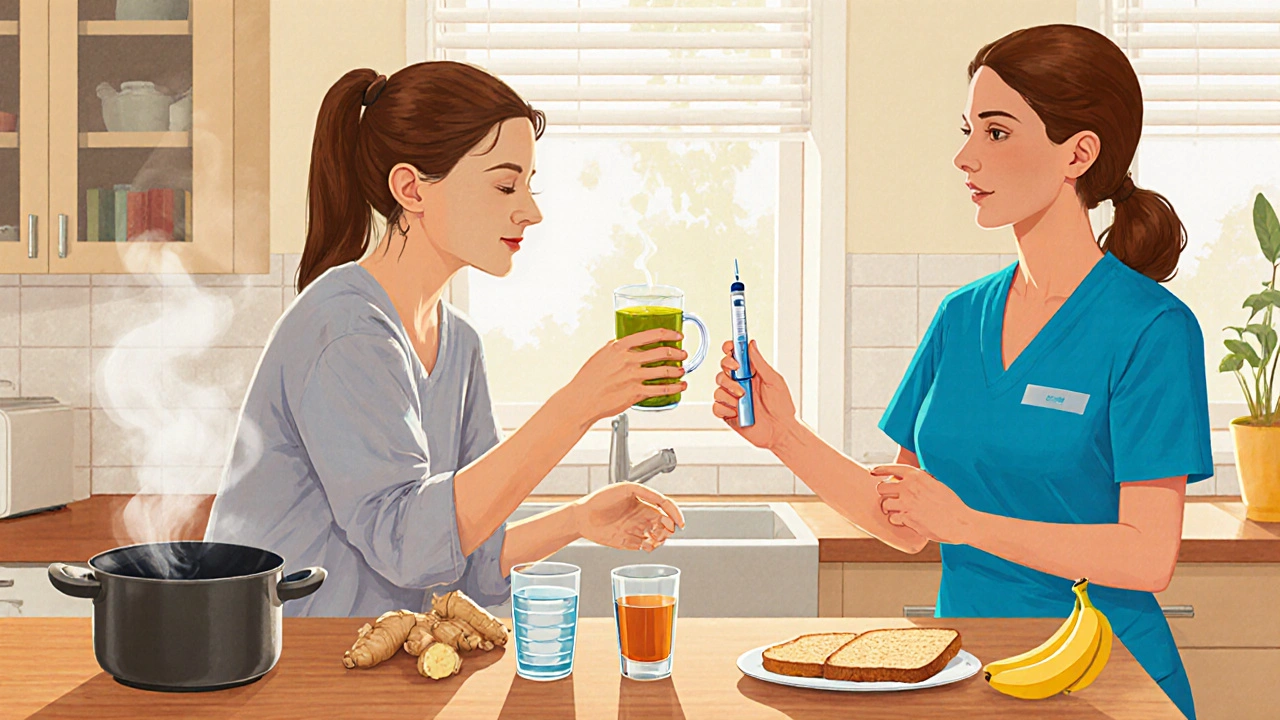 Patient makes ginger smoothie and receives growth‑factor injection in kitchen.