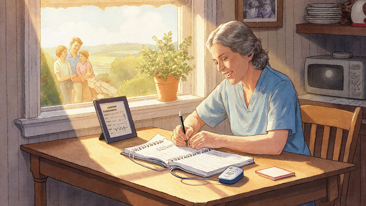 Patient records sleep and mood log, feeling hopeful at sunrise.