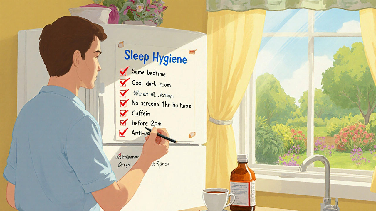 Person checking a sleep‑hygiene checklist in kitchen, medication bottle nearby, symbolizing steps to improve sleep.