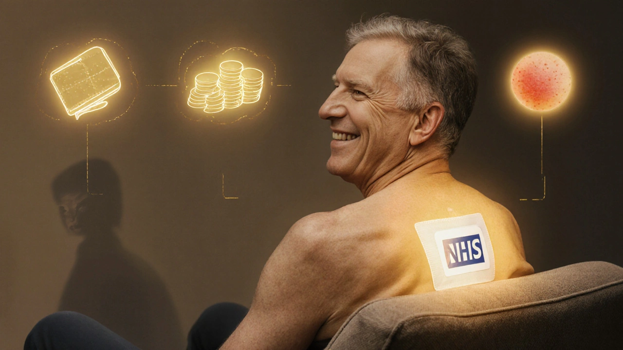 Person wearing an Emsam patch looks relieved; icons show cost and possible skin rash.