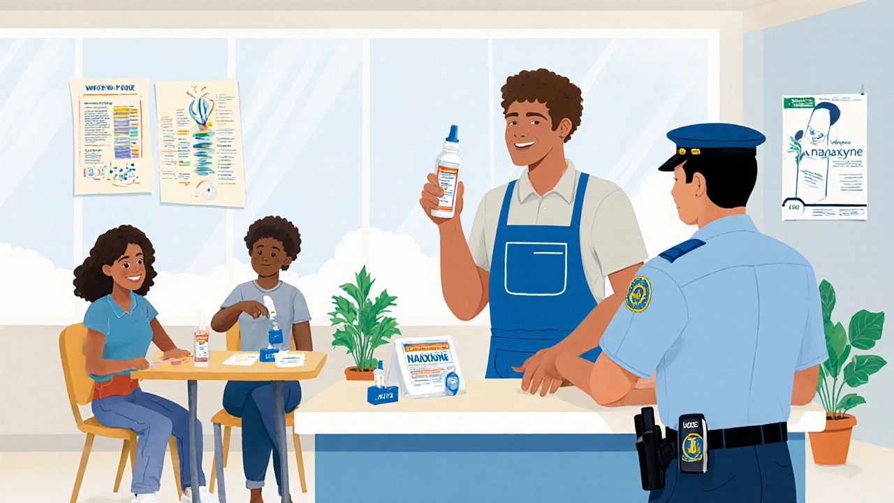 Pharmacist handing a naloxone kit to a customer while peers demonstrate usage and a police officer checks an injector.