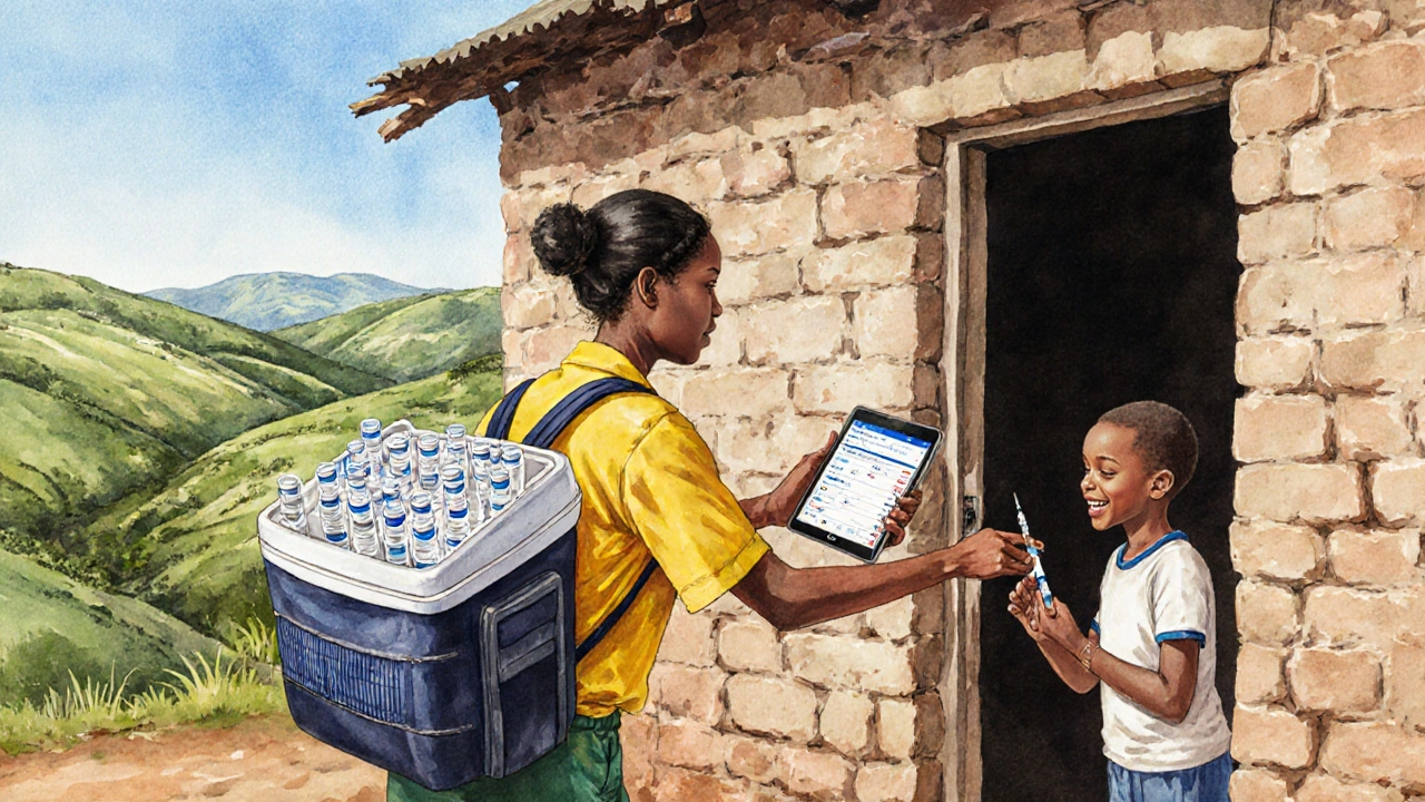 Rwandan health worker delivering vaccine at a doorstep beside a solar fridge.