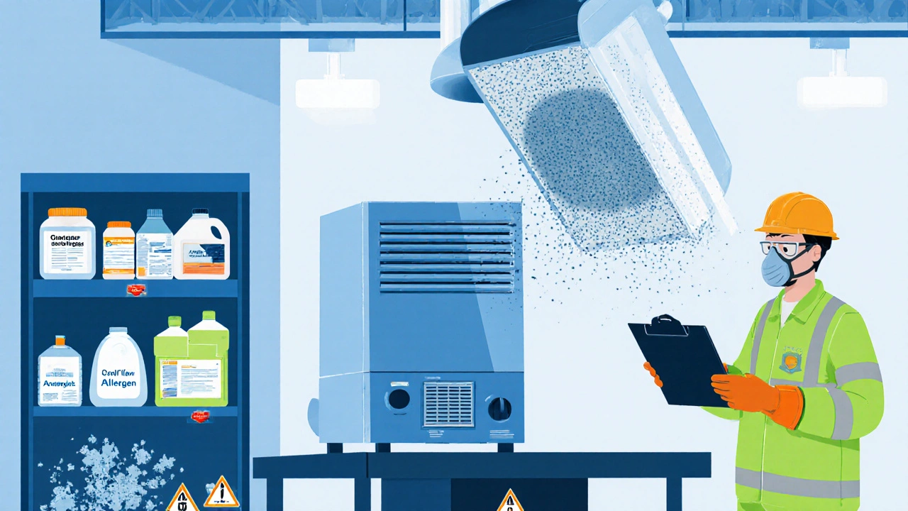 Safety officer inspecting a dusty ventilation filter beside low‑allergen chemicals and PPE‑clad worker.