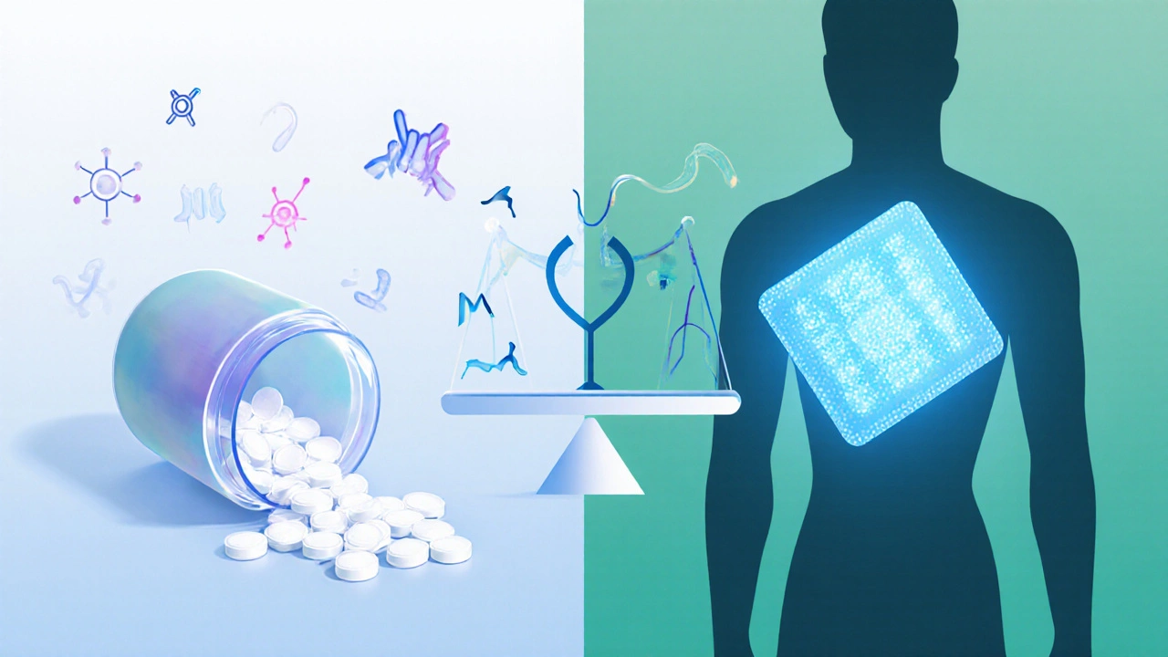 Split illustration of sertraline pills versus an Emsam patch, each with related neurotransmitter symbols.
