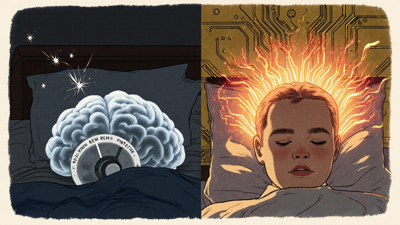 Split scene contrasting deep Non‑REM sleep with a calm brain and REM sleep with active brain activity.