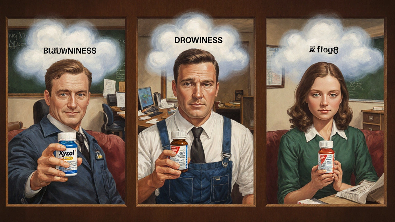 Three professionals in a cozy scene, with drowsiness clouds lifting from one and lingering over another, symbolizing medication differences.