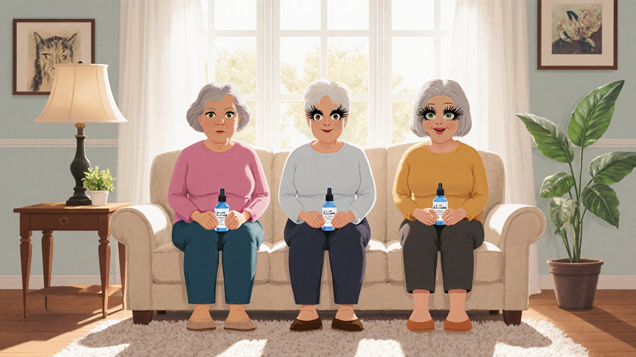 Three women showing different eyelash lengths after using Latisse, generic, and OTC serum.