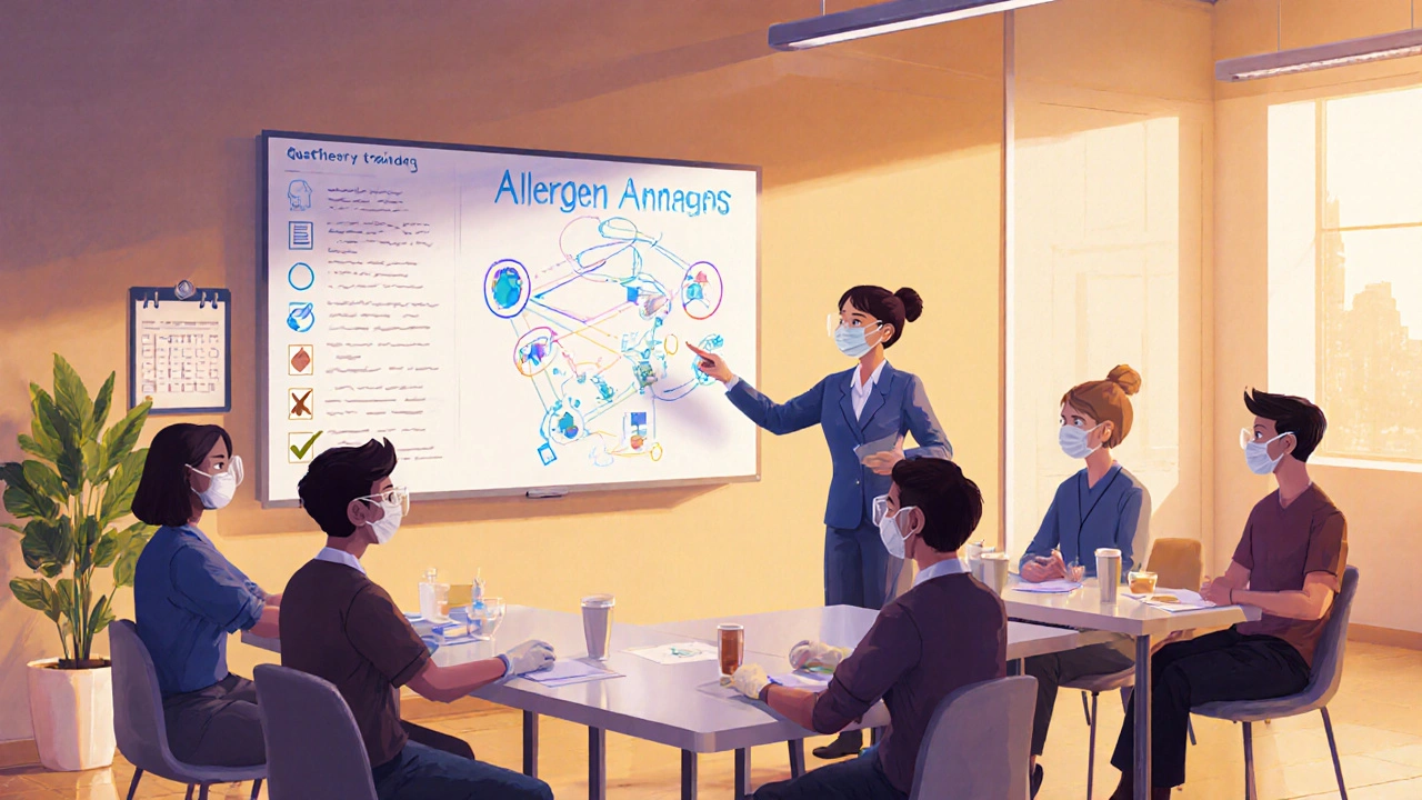Training session with employees wearing protective gear and a visual allergy‑prevention diagram.