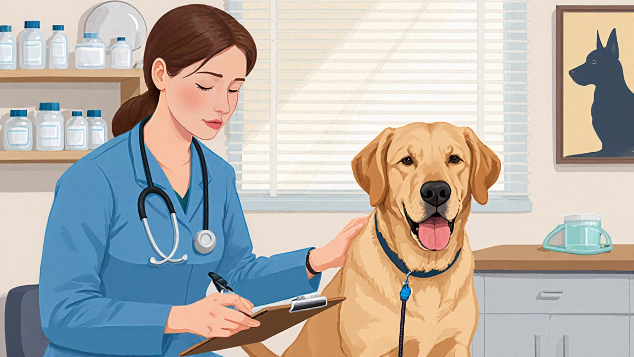 Veterinarian pats a happy Labrador after deworming treatment.