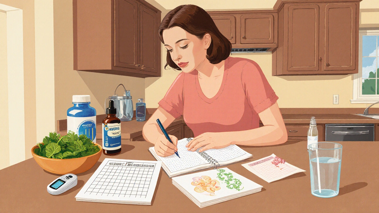 Woman tracking ovulation with a diary, thermometer, and healthy foods on a kitchen counter.
