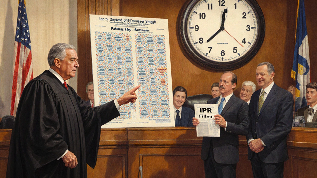 A courtroom scene with a judge examining invalid patents listed in the Orange Book, surrounded by weary generic and brand lawyers.
