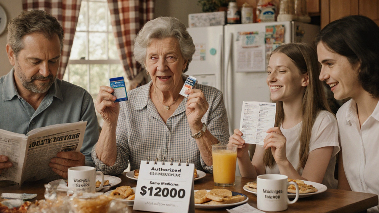 A family at breakfast discussing savings from switching to an authorized generic, with FDA info on the fridge.