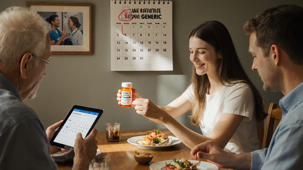A family celebrates a newly approved generic epinephrine bottle at their kitchen table.